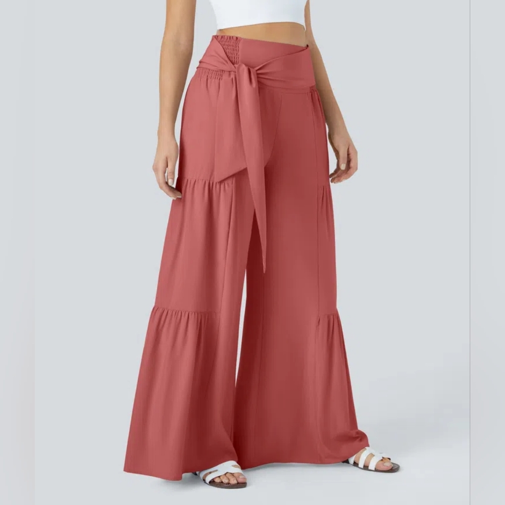 Breezeful High Waisted Shirred Tie Front & Back Wide Leg Pants